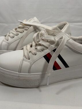Tommy Hilfiger White Platform Sneakers with Red & Black Stripes